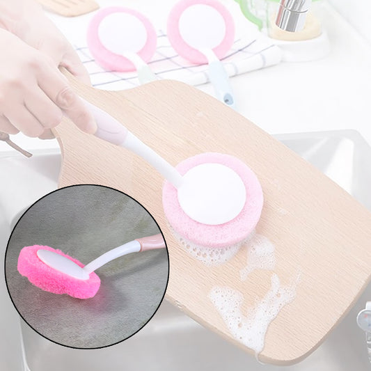 Long Handle Kitchen Dish Scrubber Brush with Soft Round Sponge Head – Ergonomic Non-Slip Grip, Strong Yet Gentle Cleaning for Plates, Pans, Bottles and Sink – Quick-Dry Hanging Hole, Durable Plastic Handle (1 Pc)