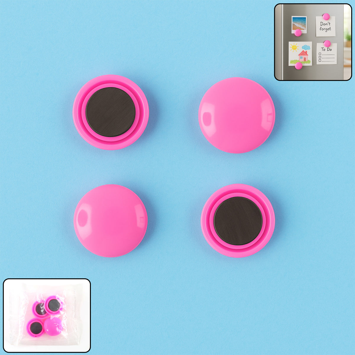 Round Fridge Magnets - (4 Pc Set) | Smooth ABS Body • Scratch-Safe Back • Refrigerator & Whiteboard Use