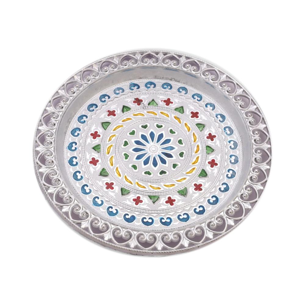 Silver Plated Pooja Thali Decorative for Temple, Festivals, Daily Worship and Gifting (31 cm)