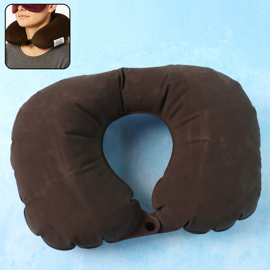 Inflatable U-shaped Travel Neck Pillow (1 Pc) Soft Flocked Surface | Front Snap Closure | Compact Air Cushion for Flight, Car & Office Naps