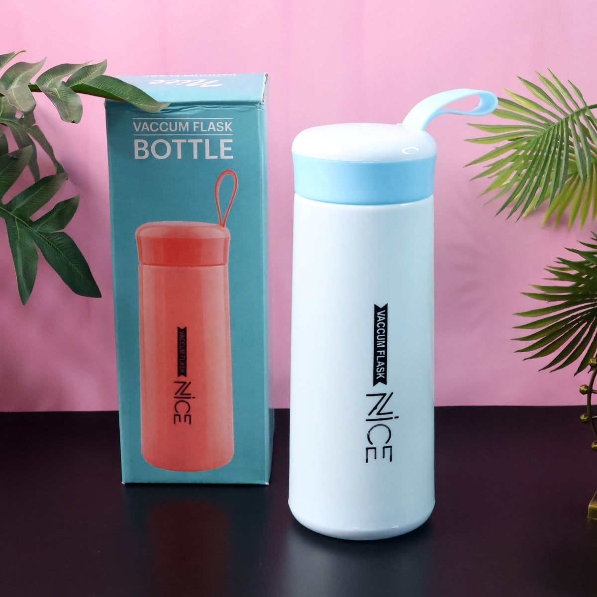Plastic Vacuum Flask Bottle (Blue) - 400 ML | Double Wall Insulated Hot & Cold Travel Water Bottle with Carry Strap