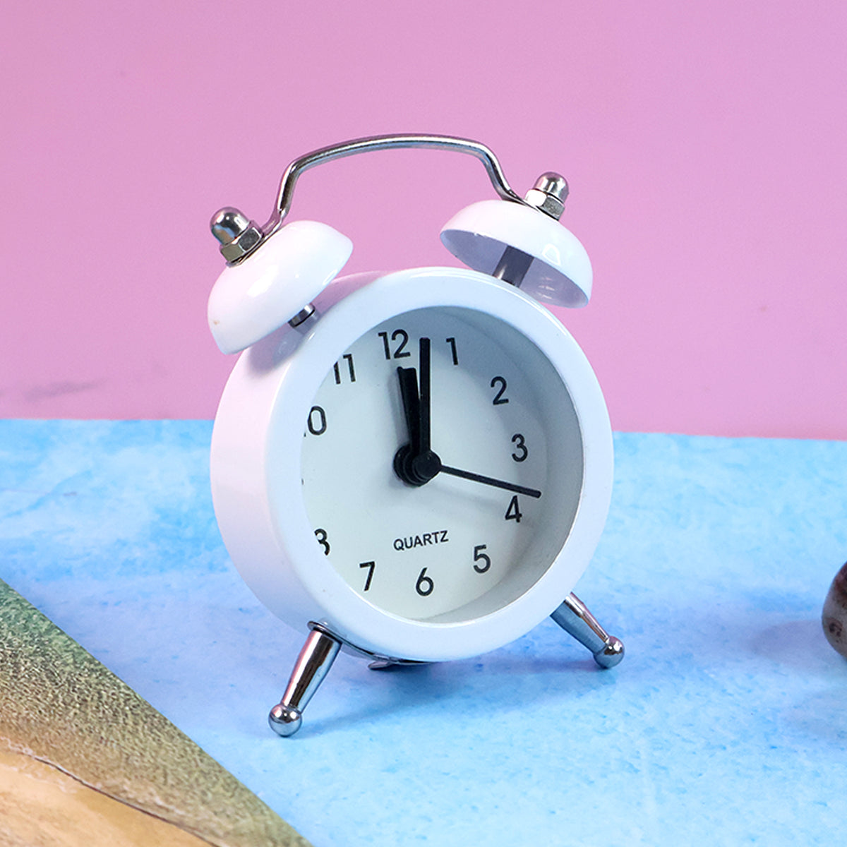 Small Twin-bell Analog Alarm Clock - (1 Pc) Quartz Table Clock with Loud Ringer • Metal Bells & Legs