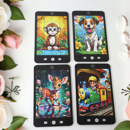 Kids Mini Cartoon Jigsaw Puzzle - 1 Pc Mix Design Mobile-Phone Shaped Puzzle Board | Educational Learning Toy | Portable Travel Brain Game