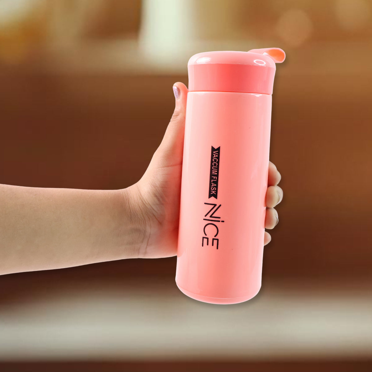 Plastic Vacuum Flask Bottle - Pink (400 ML) | Double Wall Insulated Hot & Cold Travel Water Bottle with Carry Strap
