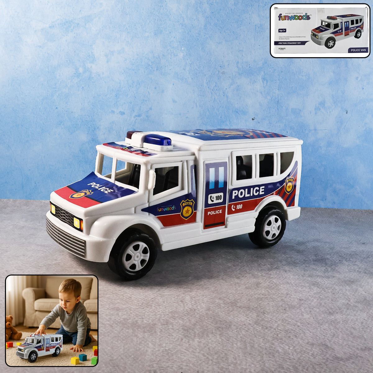 Funwoods Police Van Toy - (1 Pc) Friction Powered Push-and-Go Police Vehicle with Realistic Design & Smooth Rolling Wheels
