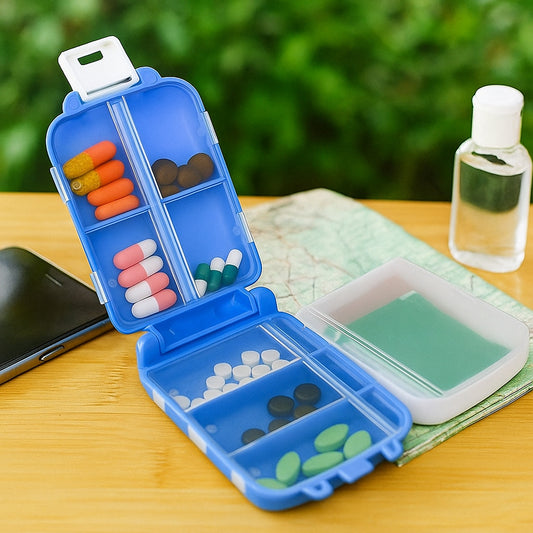 Portable Blue Dual-Sided Pill Organizer Box – 8-Compartment Pocket Medicine Case with Secure Snap Locks – Moisture-Resistant, BPA-Free Plastic Travel Storage for Daily Vitamins, Tablets and Small Essentials