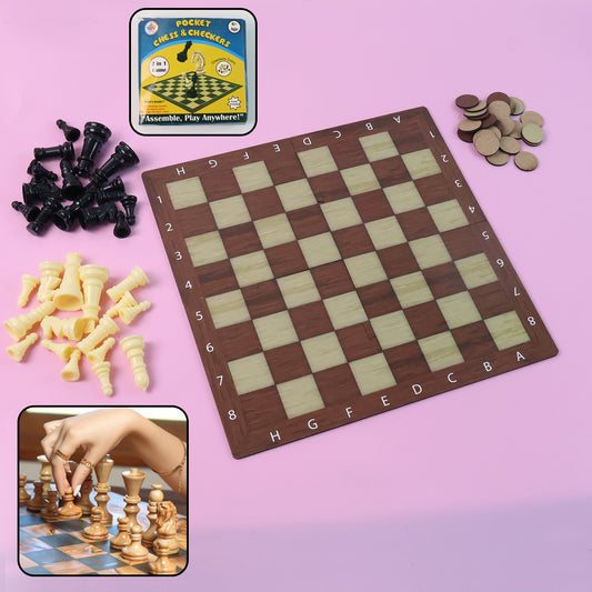 Chess Checkers 2-in-1 Travel Game -Foldable Coordinate Board | 32 Chessmen + 24 Draughts Coins | Compact Family Strategy Game