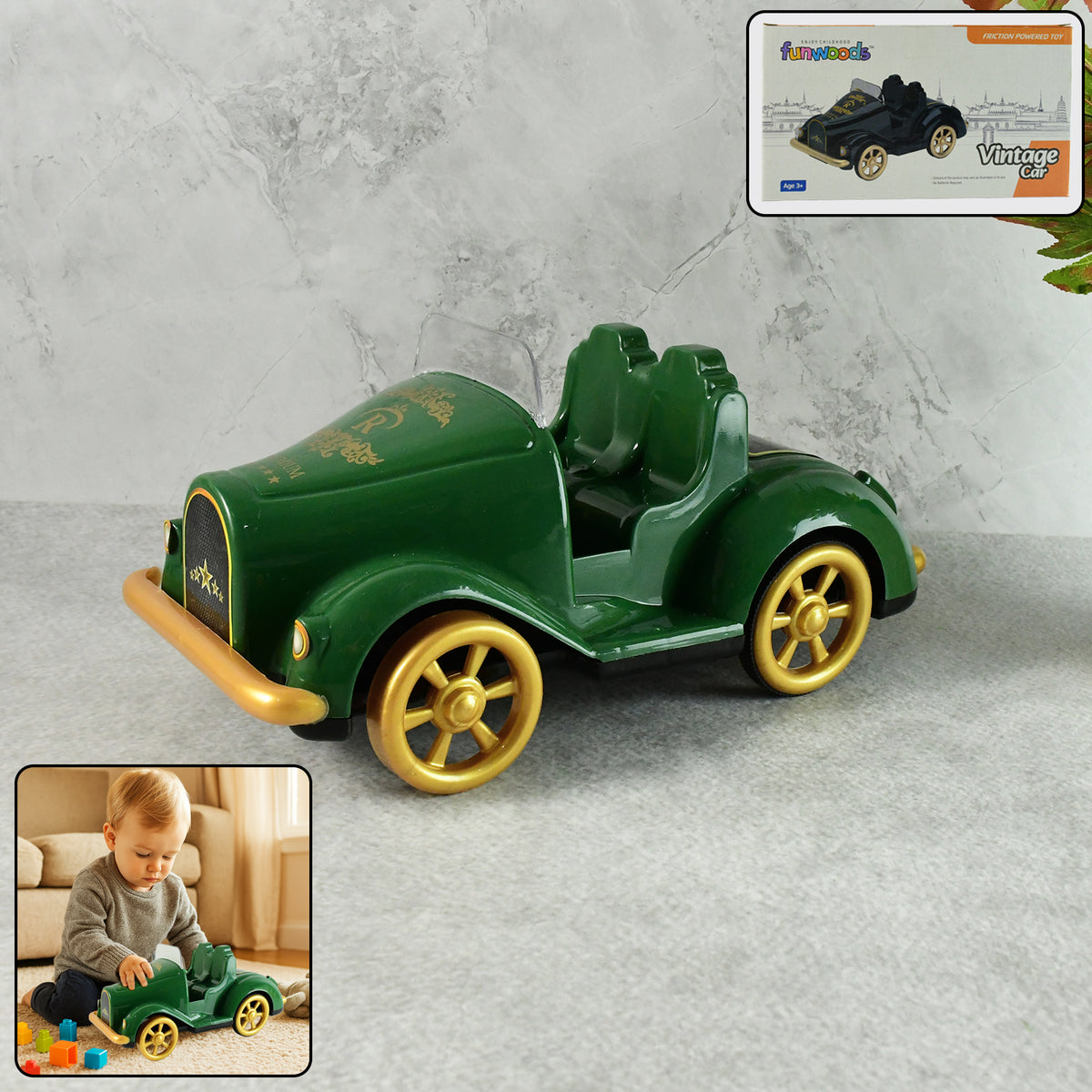 Funwoods Friction-powered Vintage Car Toy | 1 Pc | Classic Open-Top Push-and-Go Vehicle with Smooth Wheels & Safe Rounded Edges