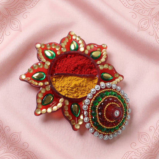 Handwork Decorative Kumkum Dani – Traditional Haldi Kumkum Holder with Stone Work Lid for Pooja, Festivals and Home Temple (1 Pc)