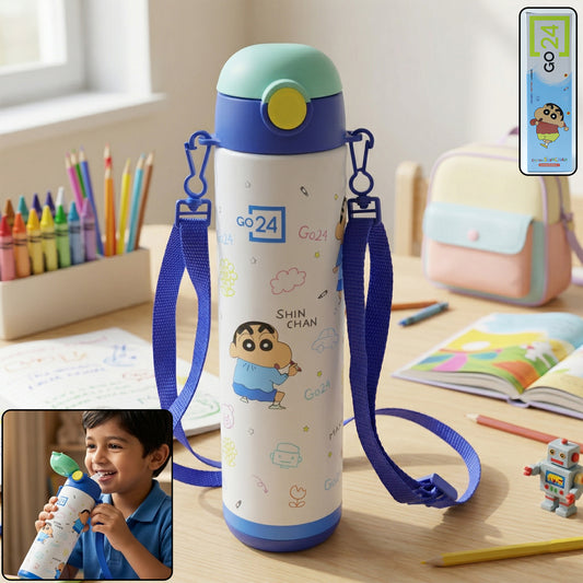 Pexpo Kids Stainless Steel School Water Bottle 500 ML Leakproof Cartoon Printed Sipper Bottle with Carry Strap for School Travel and Daily Use
