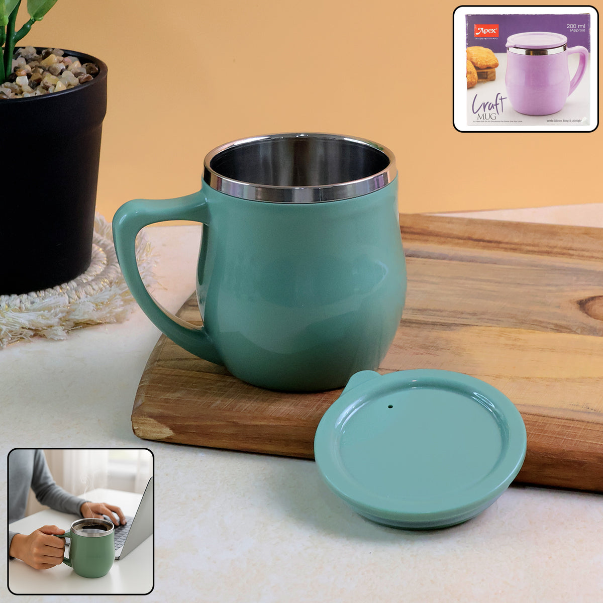Apex Double-wall Desk Mug - (200ml 1 Pc) Stainless-Steel Inner | Easy-Grip Handle | Spill-Resist Sipper Cover – For Tea, Coffee & Home/Office Use
