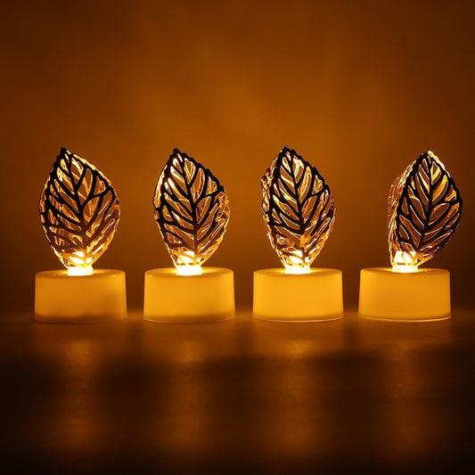 Decorative Golden Leaf Shaped Flameless Led Candles (4 Pc) Elegant Flickering Light for Home Décor, Festivals, Weddings, Parties & Religious Celebrations