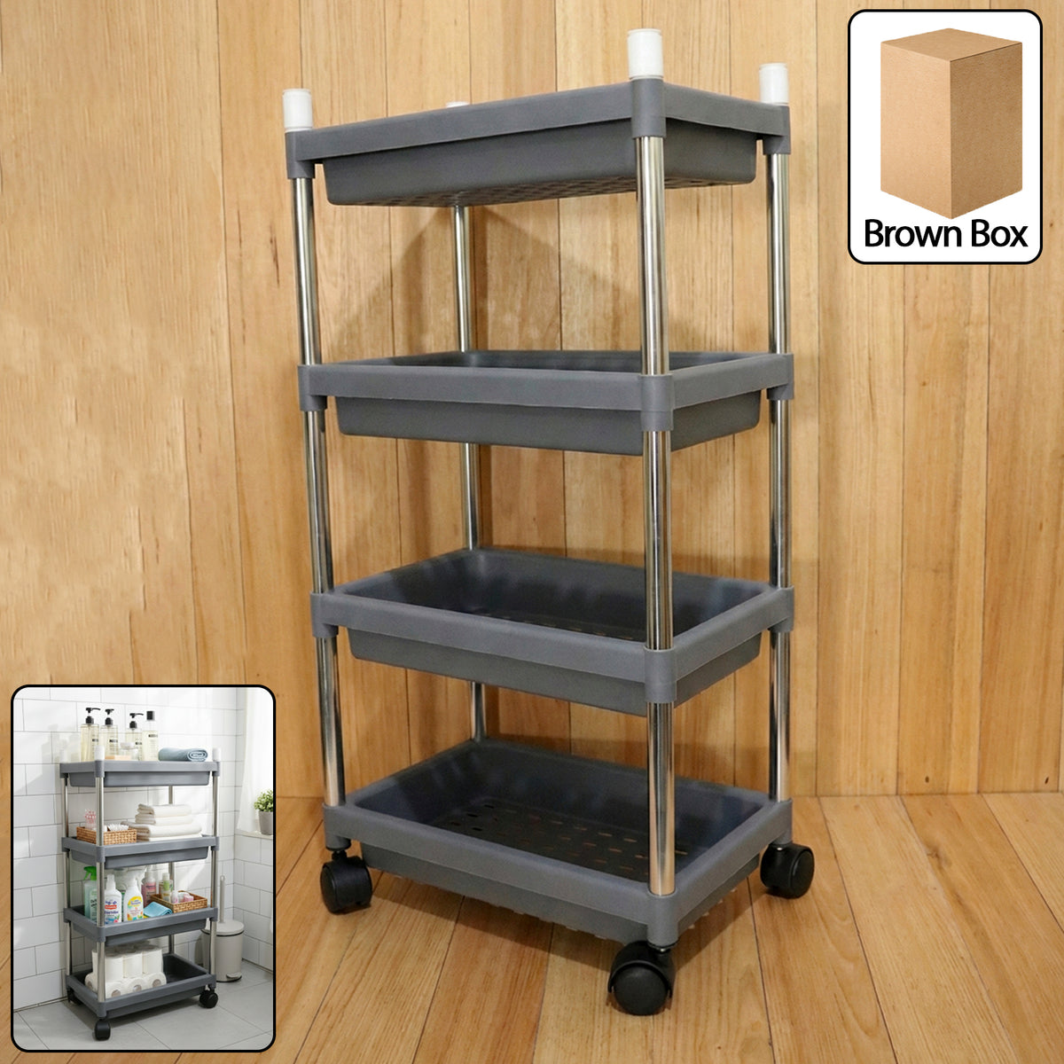 4-Layer Rolling Storage Cart with Wheels – Durable Plastic Organizer with Stainless Steel Frame for Kitchen, Bathroom, Office & Home | 1 Set