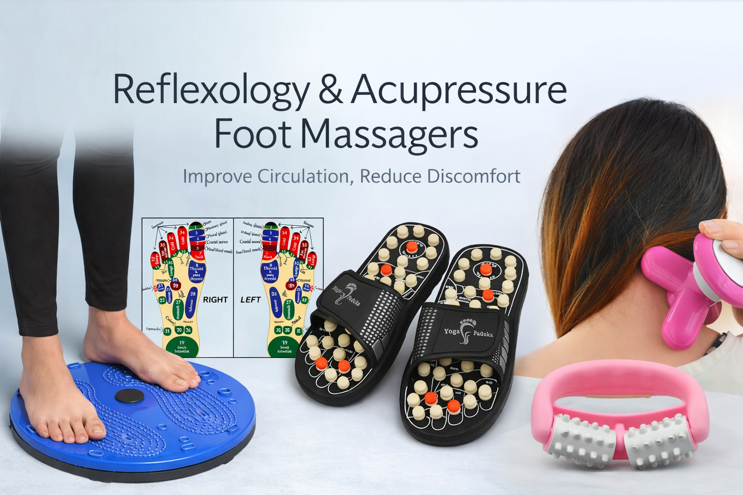 Foot reflexology and acupressure massager products with usage visuals