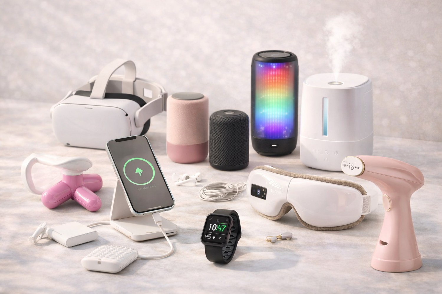 “Assorted modern gadgets and smart home devices on display