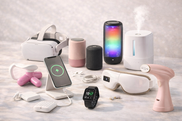 “Assorted modern gadgets and smart home devices on display