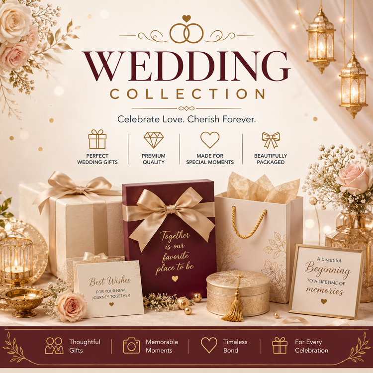 Wedding collection banner featuring elegant gift sets and décor.