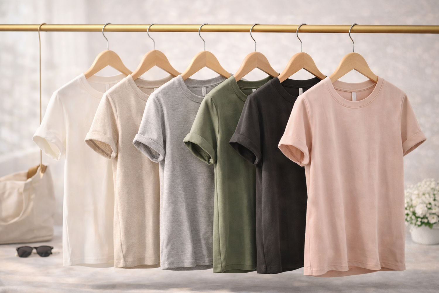 Row of plain t-shirts in different colors hanging on a rack