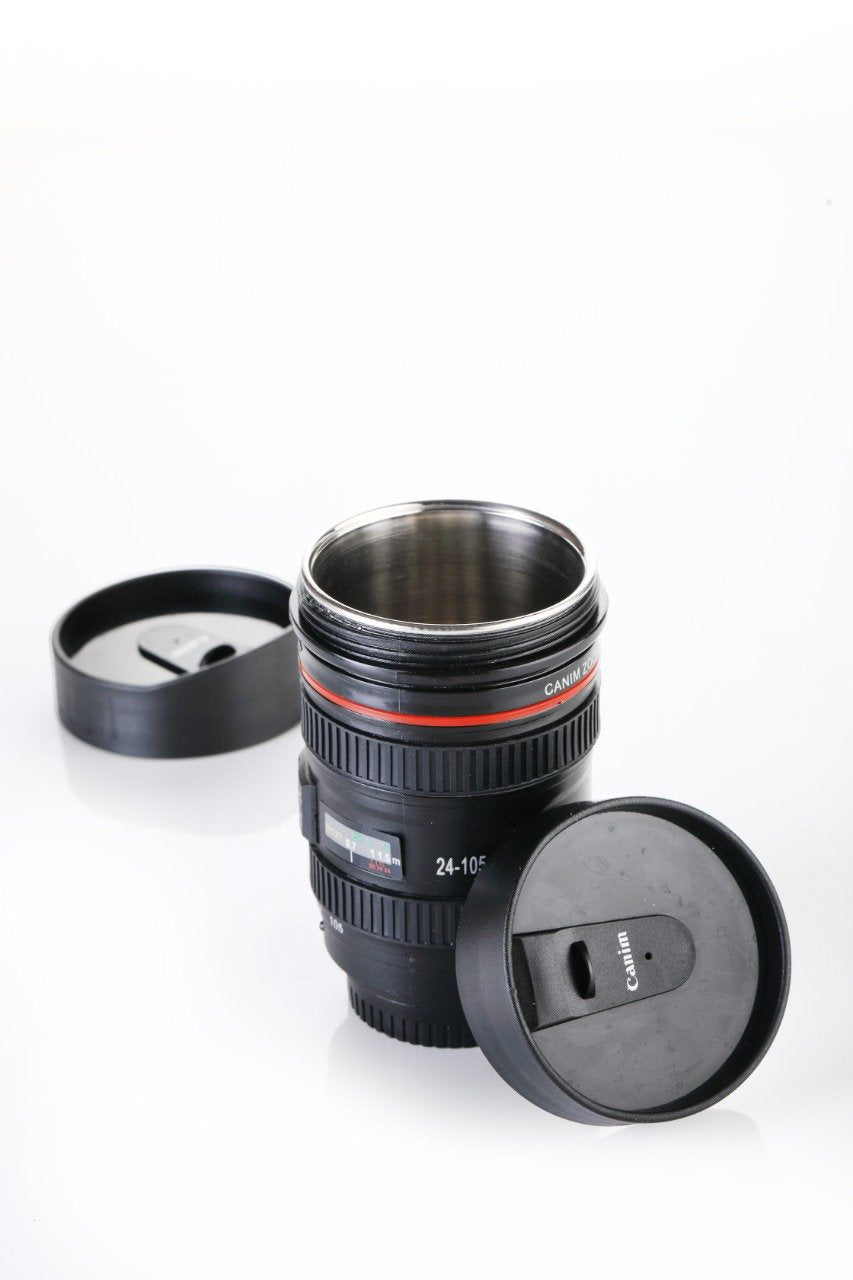 Camera Lens Shaped Coffee Mug Flask With Lid - 350 ML