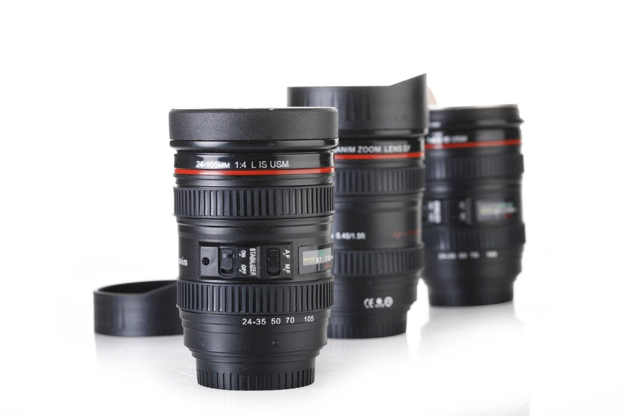 Camera Lens Shaped Coffee Mug Flask With Lid - 350 ML