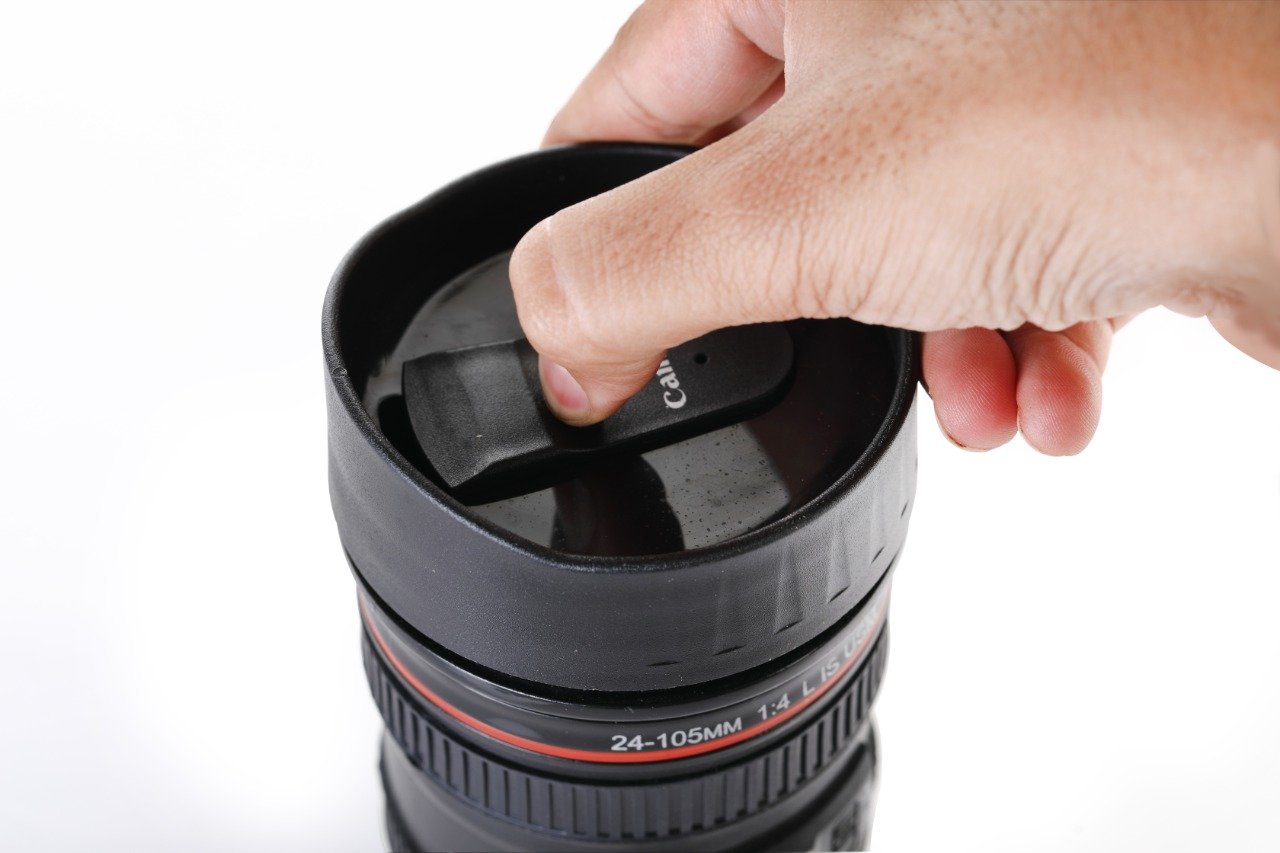 Camera Lens Shaped Coffee Mug Flask With Lid - 350 ML
