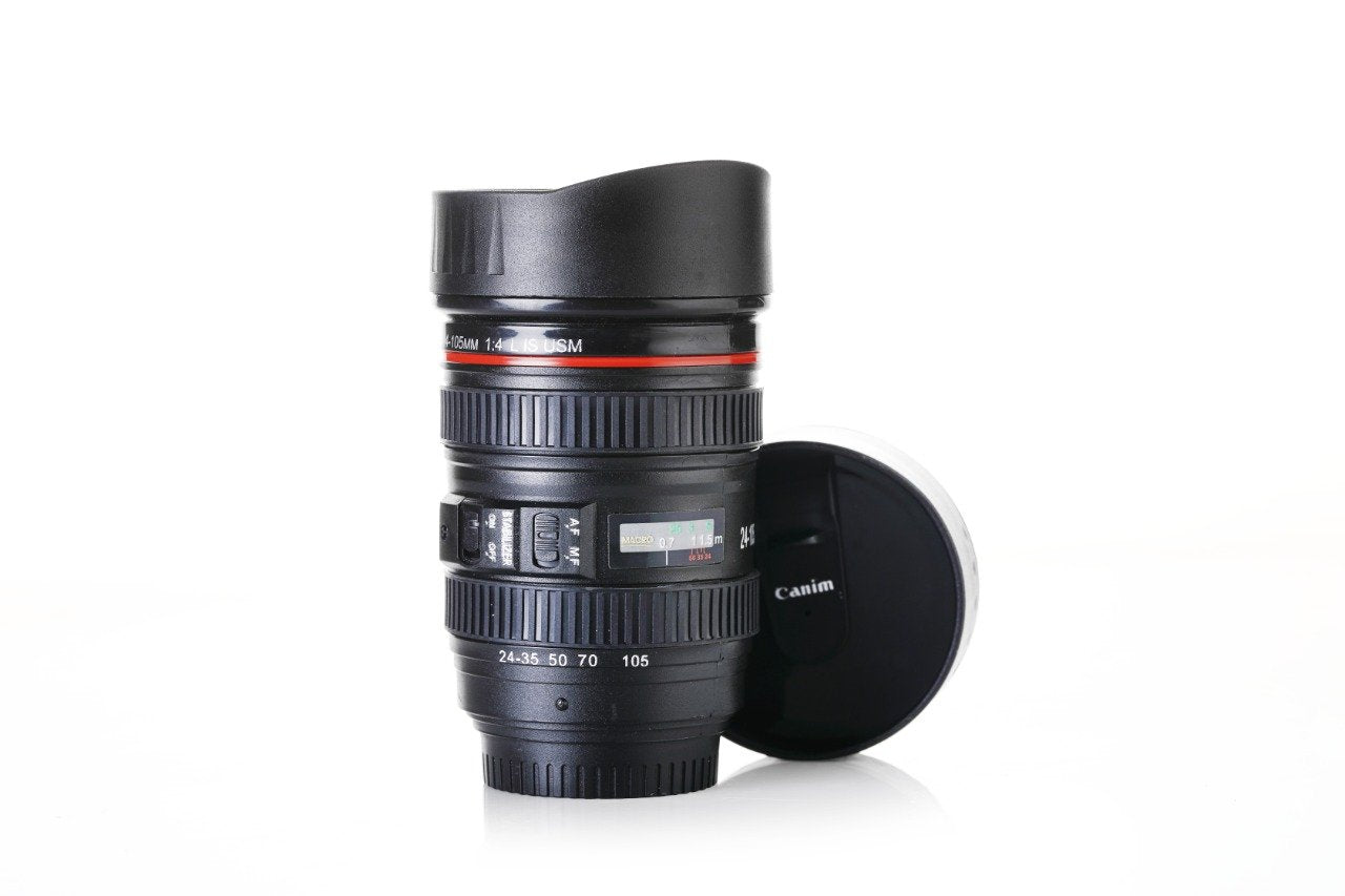 Camera Lens Shaped Coffee Mug Flask With Lid - 350 ML