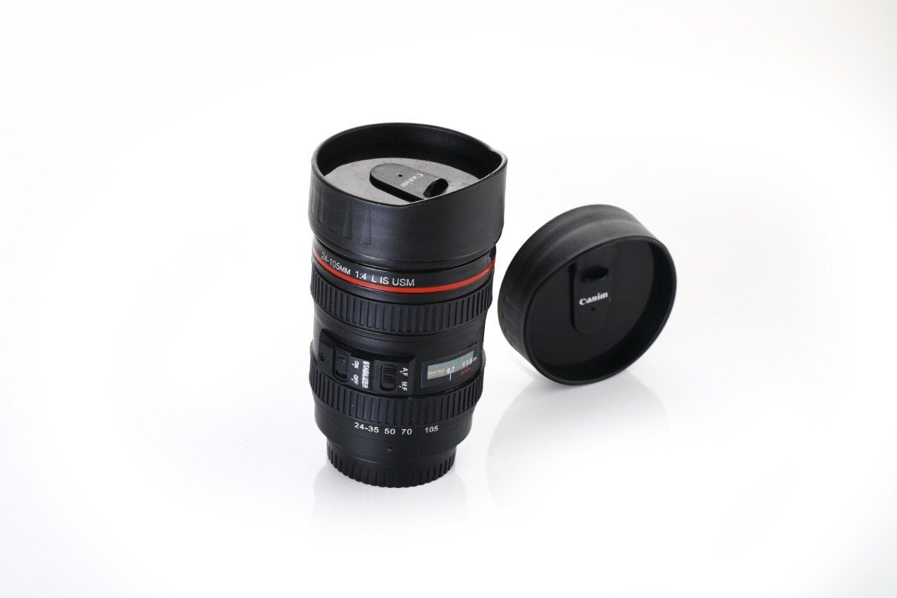 Camera Lens Shaped Coffee Mug Flask With Lid - 350 ML