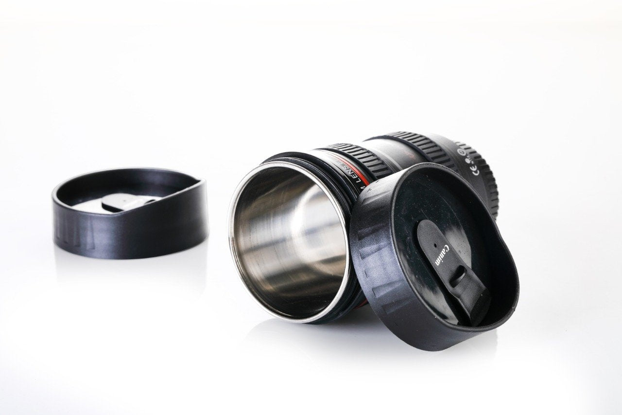 Camera Lens Shaped Coffee Mug Flask With Lid - 350 ML