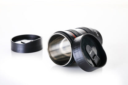 Camera Lens Shaped Coffee Mug Flask With Lid - 350 ML