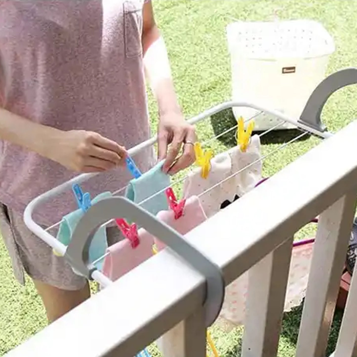 Metal Steel Folding Balcony Clothes Drying Rack Hanging Laundry Hanger with 5 Bars Foldable Towel Socks Clothes Drying Stand for Balcony Bathroom Door and Window (1 Pc)