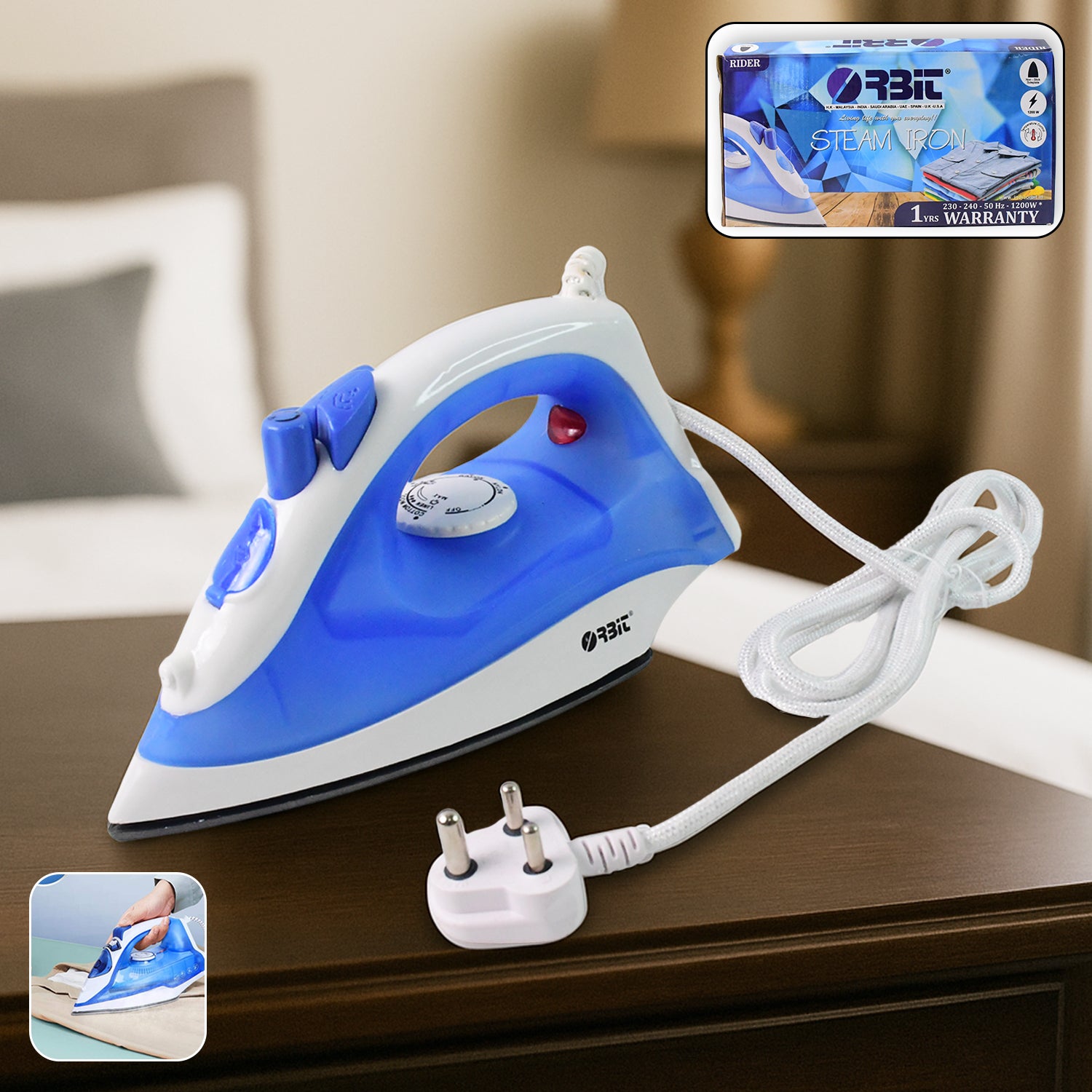 Orbit 1200W Steam Iron with Adjustable Temperature Control – Non-Stick Soleplate, Steam and Spray Function, Lightweight Electric Iron for Home and Office