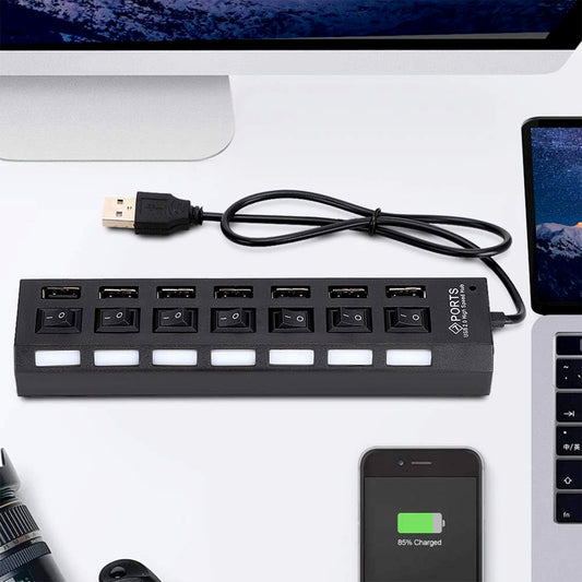 USB Splitter Multi Port USB 2.0 Hub – 7 Port Data Hub with Individual On/Off Switch & LED Indicators