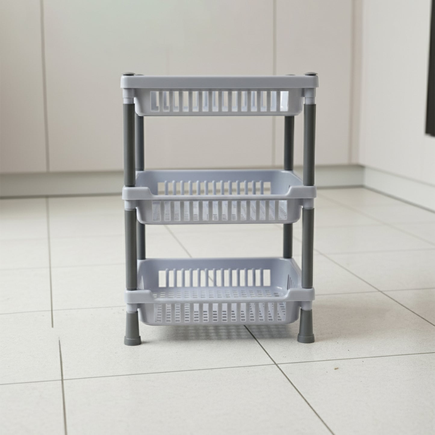 3 Layer Multipurpose Kitchen Storage Basket Rack Ventilated Plastic Organizer Stand for Fruits Vegetables Snacks Pantry Bathroom and Home Storage (1 Pc)