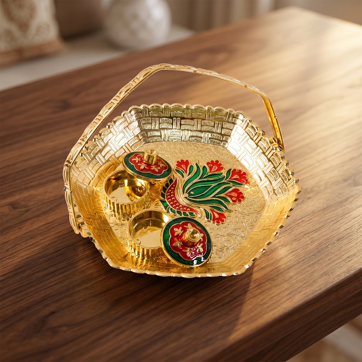 Premium Golden Kumkum Kankavati Basket with Carry Handle and Two Lidded Containers for Haldi, Kumkum, Roli, Chawal, Pooja and Wedding Rituals (1 Pc)