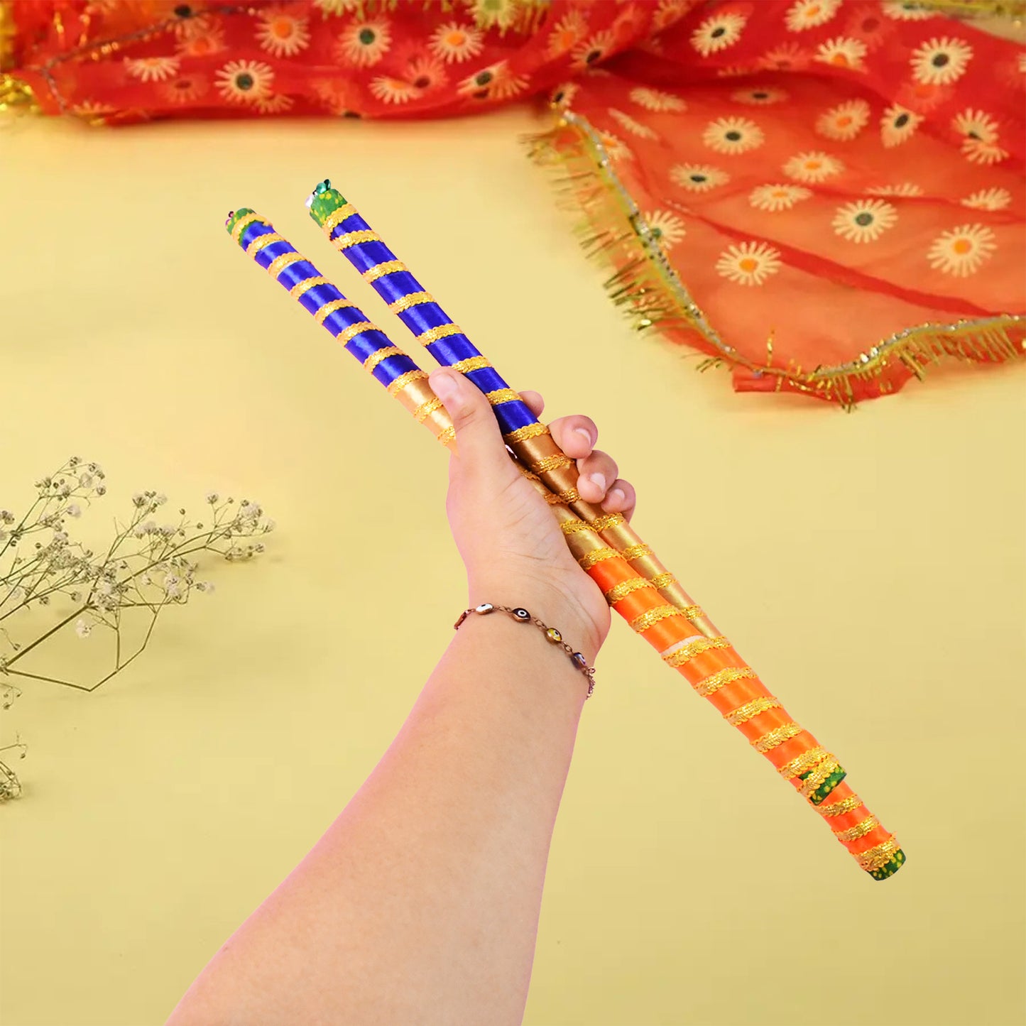 Traditional Decorative Dandiya Sticks Pair for Navratri and Garba – Colorful Wooden Dandiya Rods with Festive Wrapping (2 Pieces)
