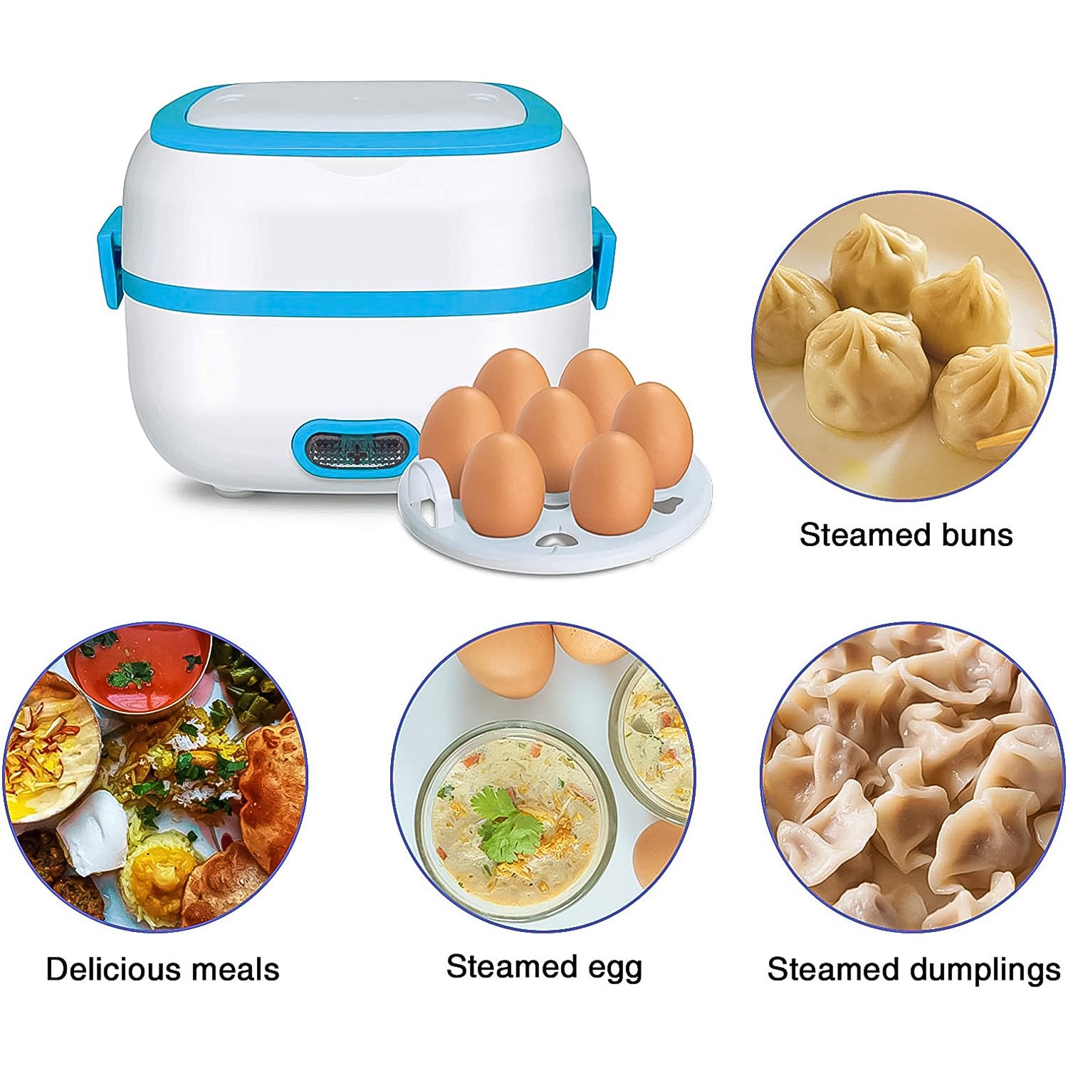 Electric Lunch Box 3 in 1 Food Heater Cooker and Steamer with Stainless Steel Bowls, Egg Steaming Tray, Spoon and Measuring Cup for Office, School and Travel (1 Set)