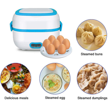 Electric Lunch Box 3 in 1 Food Heater Cooker and Steamer with Stainless Steel Bowls, Egg Steaming Tray, Spoon and Measuring Cup for Office, School and Travel (1 Set)