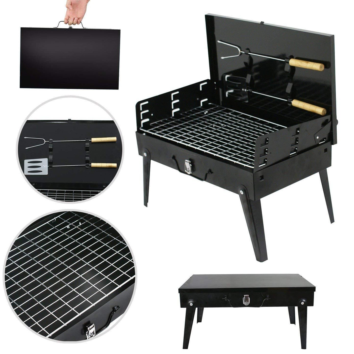 Portable Foldable Charcoal Barbecue Grill with Stainless Steel BBQ Tool Set – Outdoor BBQ Stand for Camping, Picnic, Garden and Patio