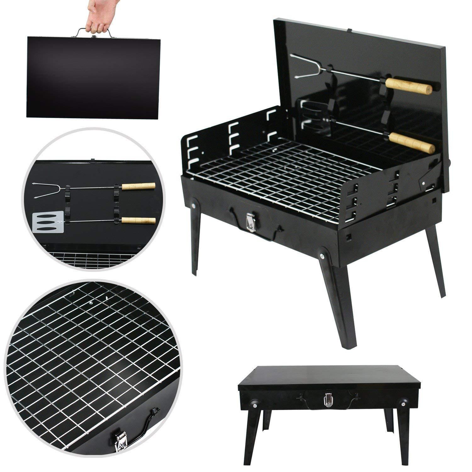 Portable Foldable Charcoal Barbecue Grill with Stainless Steel BBQ Tool Set – Outdoor BBQ Stand for Camping, Picnic, Garden and Patio