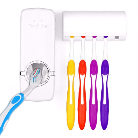 Automatic Touch Toothpaste Dispenser and Toothbrush Holder Wall Mounted Bathroom Organizer Set with 5 Toothbrush Slots (1 Set)