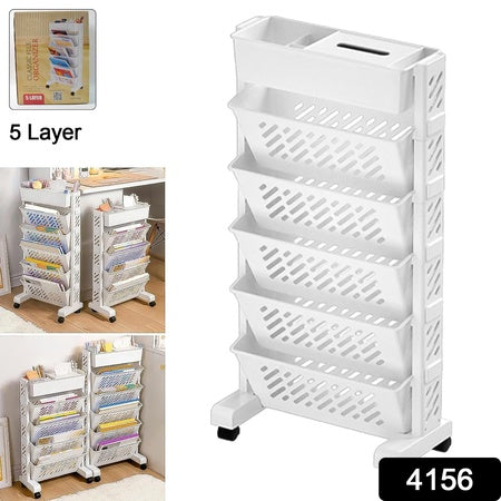 5 Tier Rotating Plastic Bookshelf with Wheels – Mobile Storage Organizer Rack for Books, Toys, Office, Home and Study Room