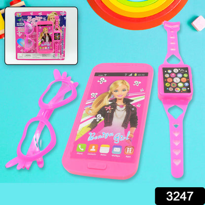 Princess Musical Toy Phone Watch and Glasses Set for Girls Battery Operated Pretend Play Mobile Phone Toy with Accessories (3 Pieces Set)