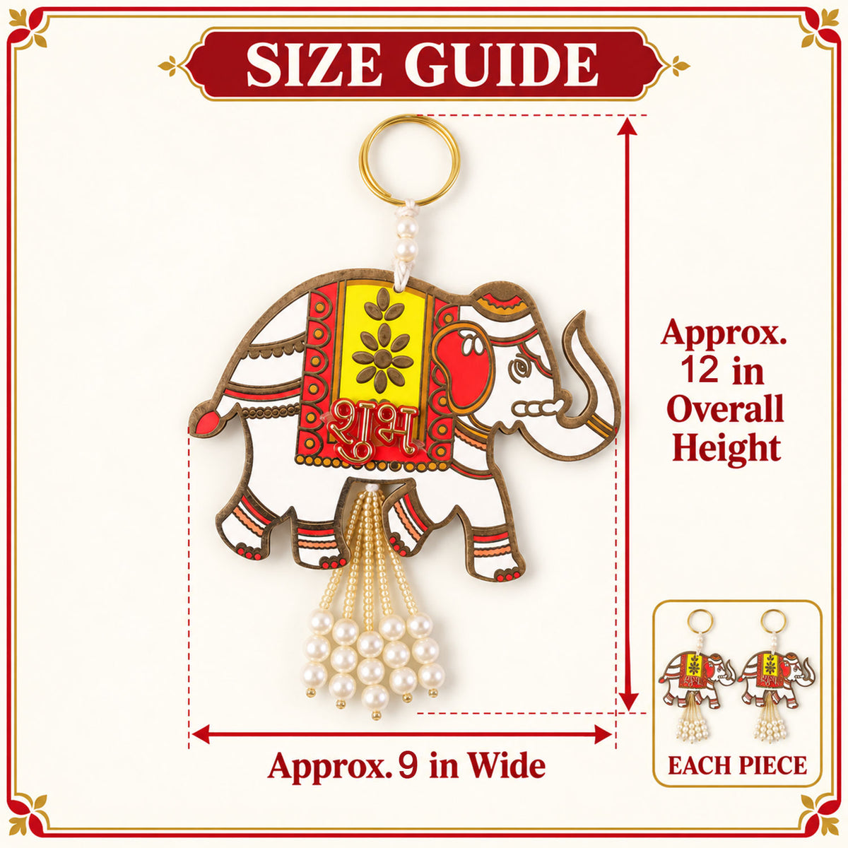 Wooden Elephant Shubh Labh Wall Hanging With Bead Tassels For Door And Festive Decor (2 Pc Set)