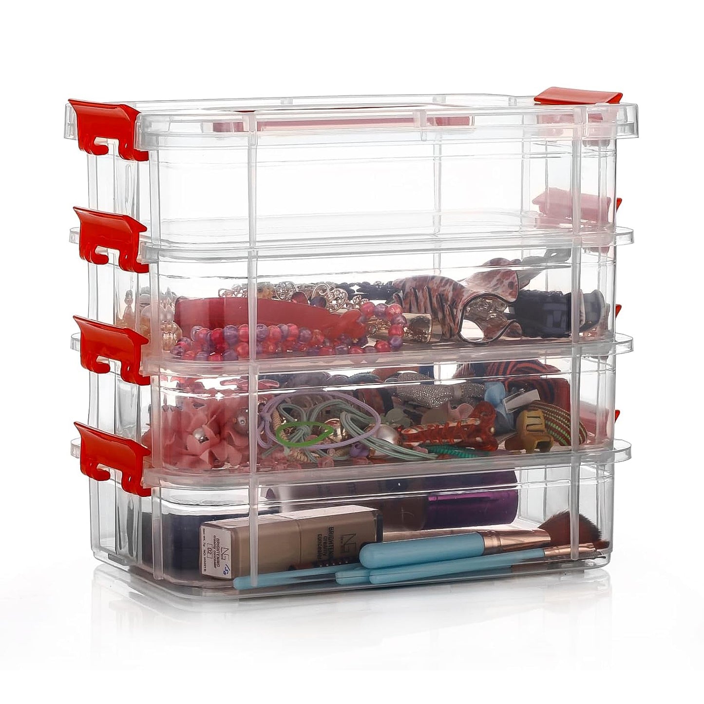 4 Layer Transparent Plastic Storage Box with Handle Stackable Modular Organizer Container for Jewelry Beads Tools Sewing Accessories Hardware and Stationery (1 Pc)