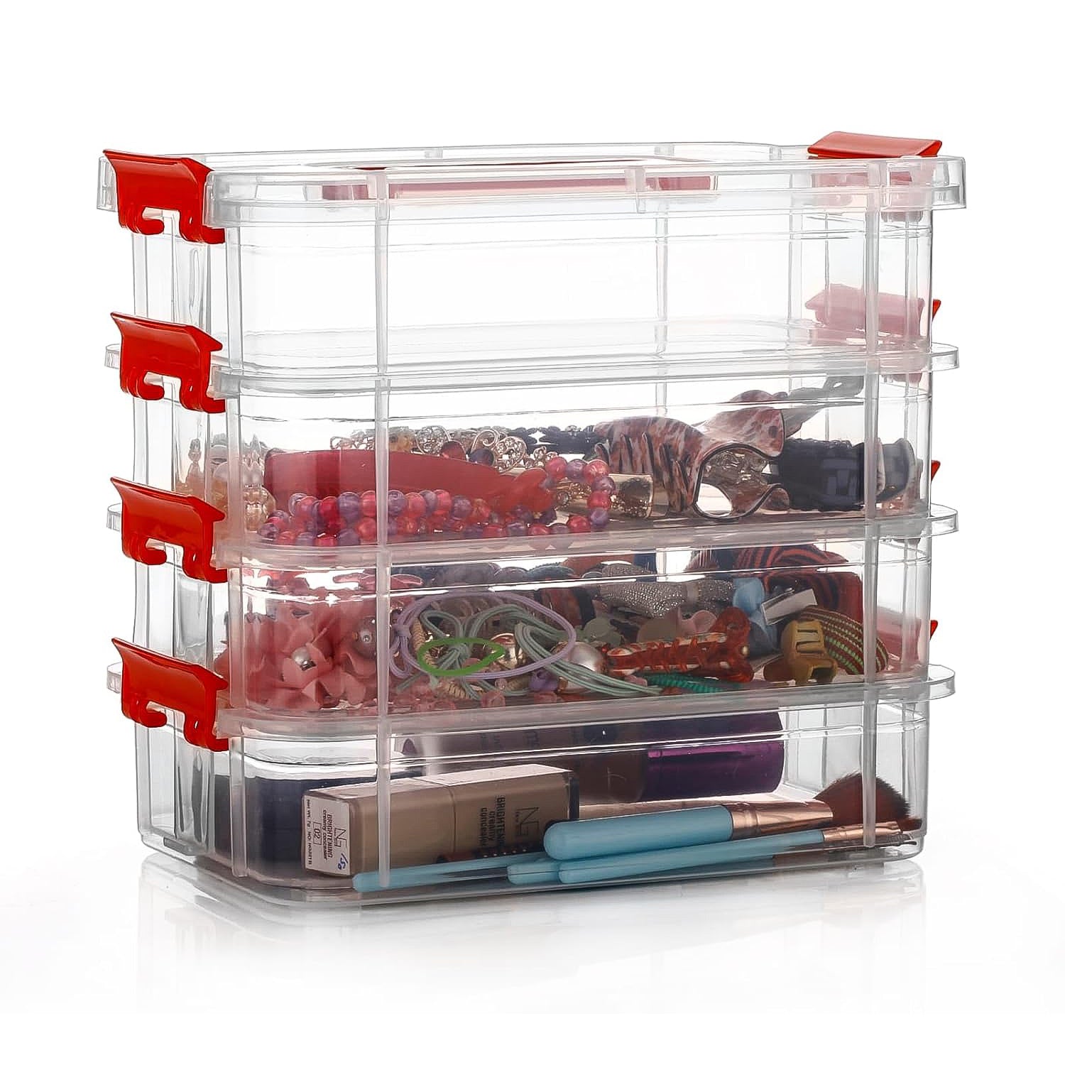 4 Layer Transparent Plastic Storage Box with Handle Stackable Modular Organizer Container for Jewelry Beads Tools Sewing Accessories Hardware and Stationery (1 Pc)