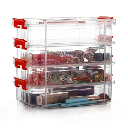 4 Layer Transparent Plastic Storage Box with Handle Stackable Modular Organizer Container for Jewelry Beads Tools Sewing Accessories Hardware and Stationery (1 Pc)