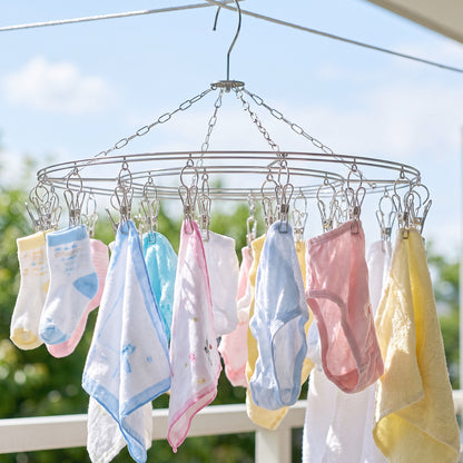 Stainless Steel Round Multi Clip Drying Hanger Windproof Laundry Hanger with Multiple Clips for Socks Underwear Baby Clothes Bras Towels and Handkerchiefs (1 Pc)
