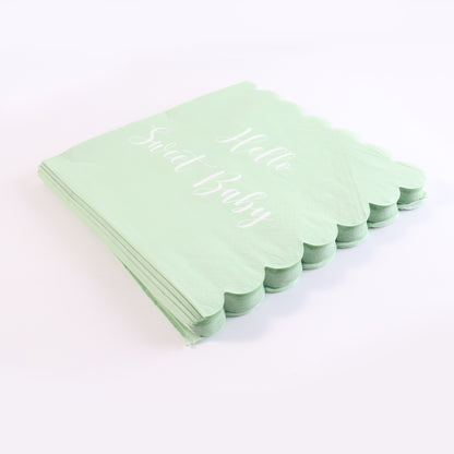 Hello Sweet Baby Party Paper Napkins | 24 Pcs Disposable Soft Tissue Napkins with Scalloped Edges | 31x31 cm Mint Green Table Napkins for Baby Shower, Birthday and Celebration Décor