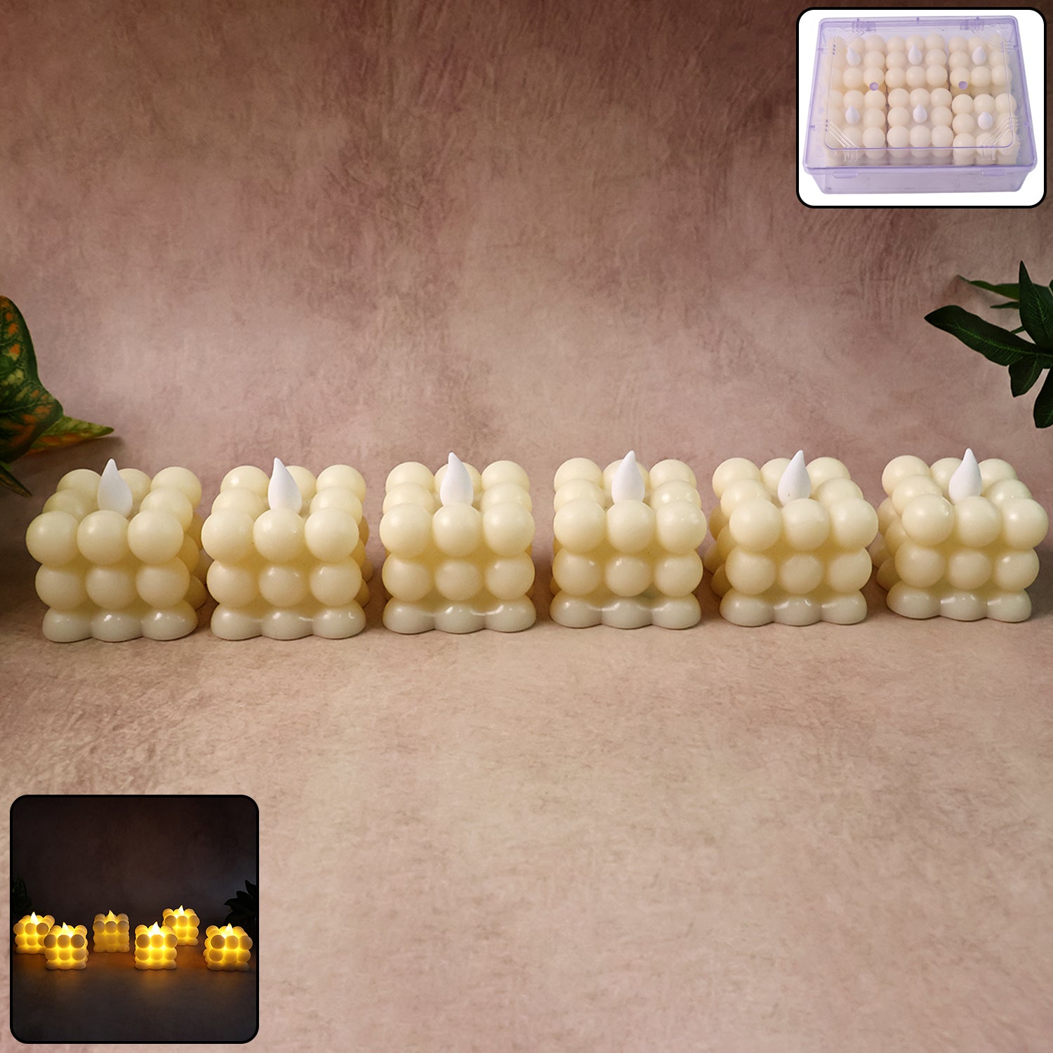 Set of 6 Decorative LED Bubble Cube Flameless Candles with Warm White Glow Battery Operated Tealight Candles for Home Diwali Wedding Party and Festive Decoration