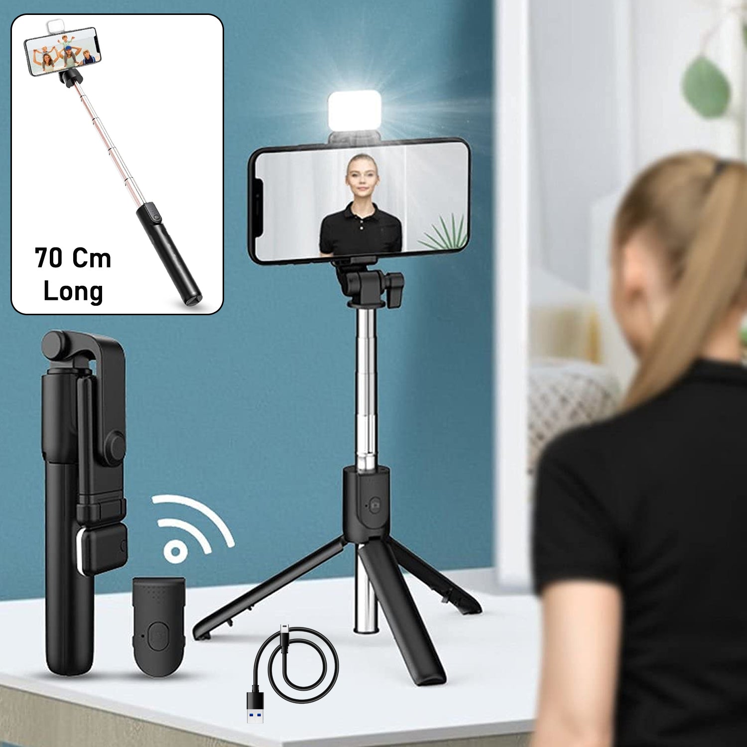 3 in 1 Wired Selfie Stick with Tripod Stand Built In Light Extendable Handle for Photography Video Recording Live Streaming (1 Pc)(70 Cm Long)